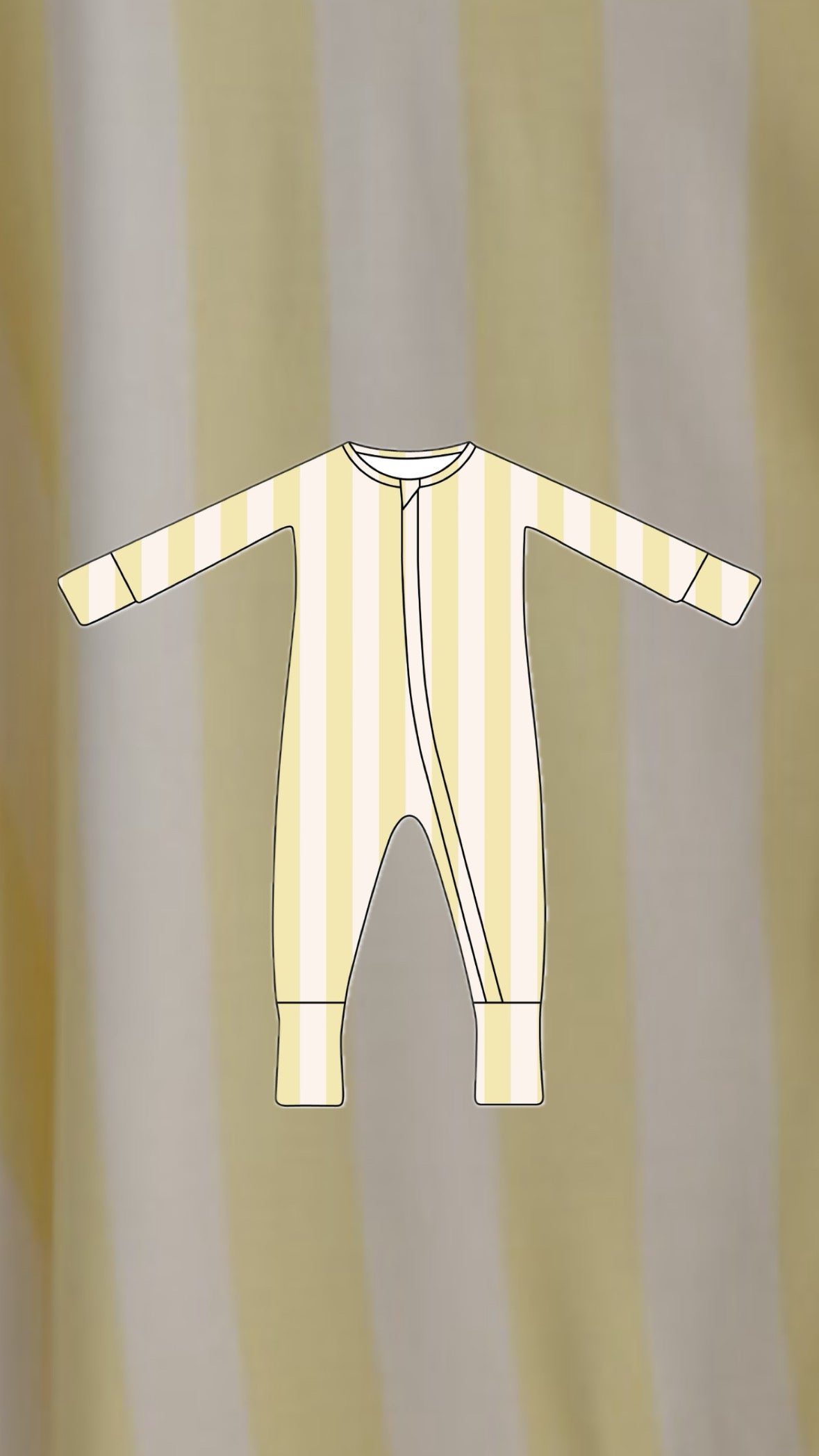 Illustration of forever french baby Bamboo Zip Pajamas | Butter—a long-sleeve, footless baby onesie in cream and pale yellow stripes, made from breathable sleepwear fabric, set against a blurred striped background.