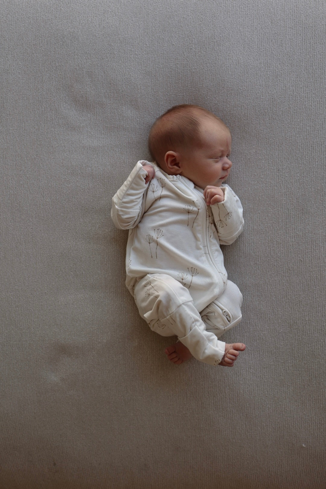 A newborn sleeps peacefully on a soft, light gray surface wearing forever french baby Bamboo Zip Pajamas in the Dandelion print, with one arm bent by their face and legs slightly curled.