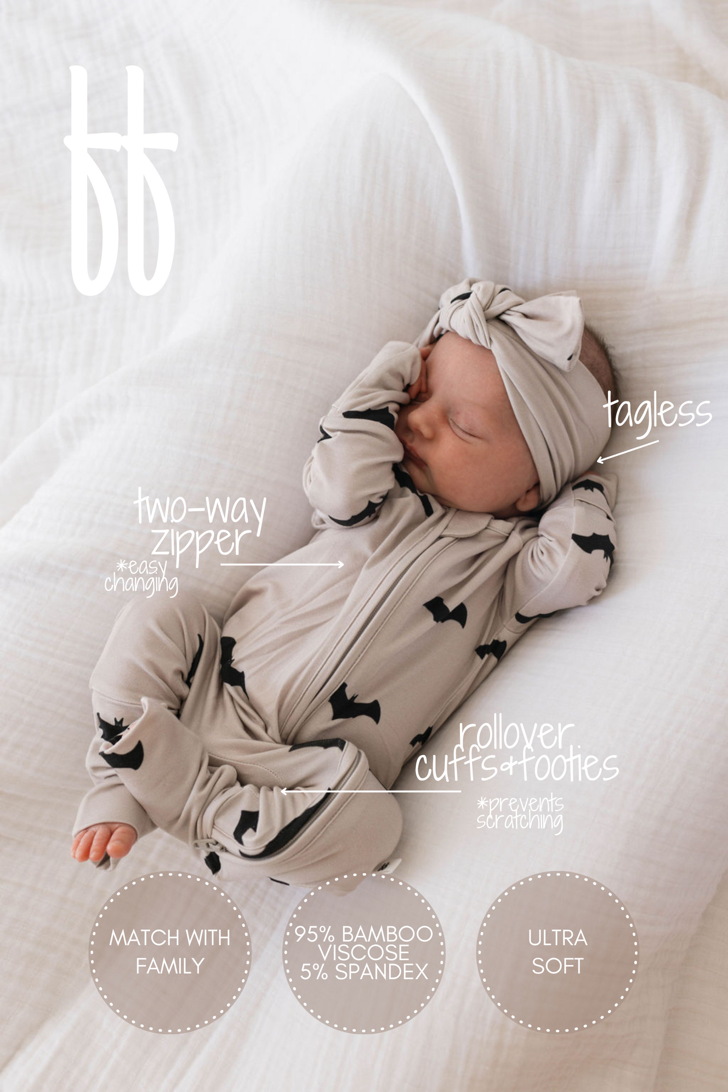 A baby sleeps on a white bed wearing the "Bamboo Zip Pajamas | It's Bats!" from forever french baby in beige, featuring a bat print and matching headband. Text on the image highlights features including a two-way zipper, rollover cuffs and footies, tagless design, and fabric composition (95% bamboo viscose, 5% spandex).