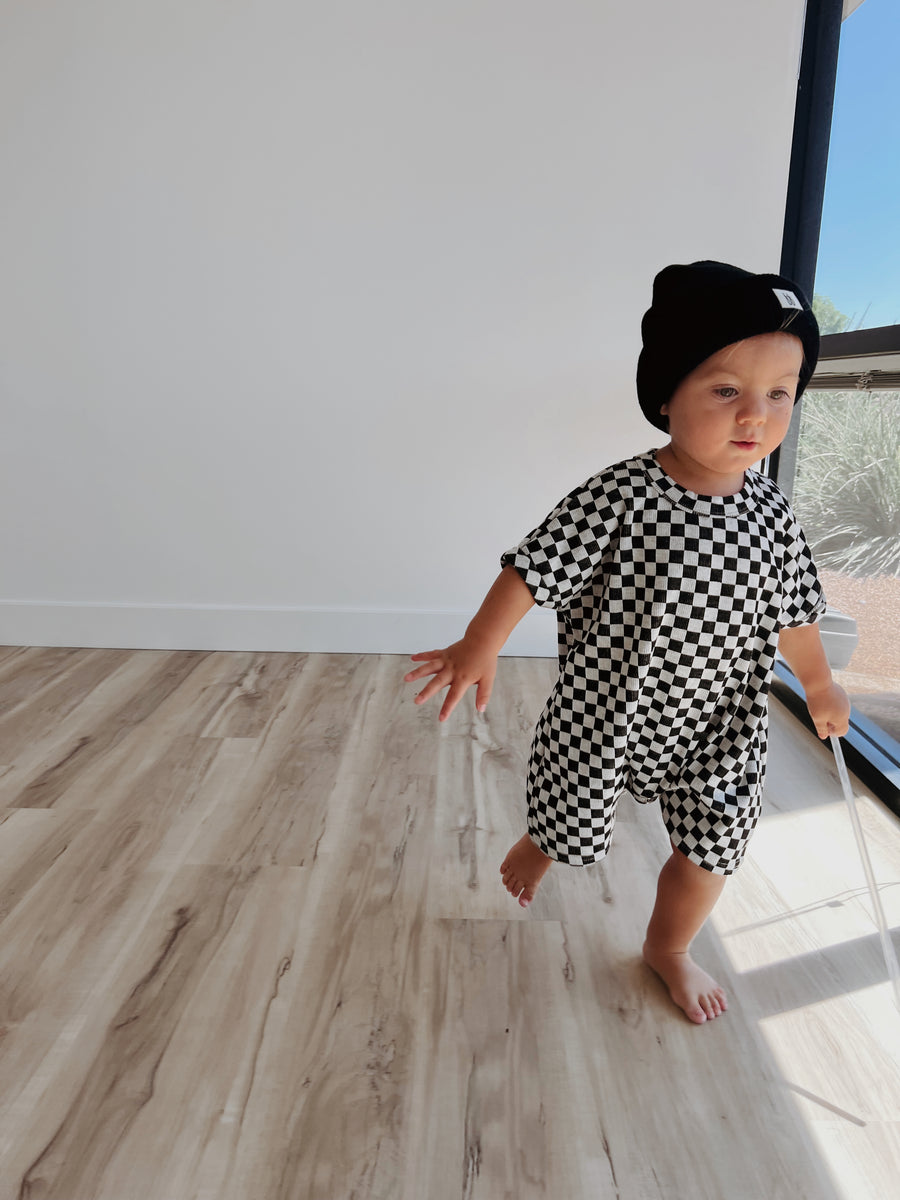 Black & Brown Checkerboard  Short Sleeve Ribbed Romper – forever french  baby