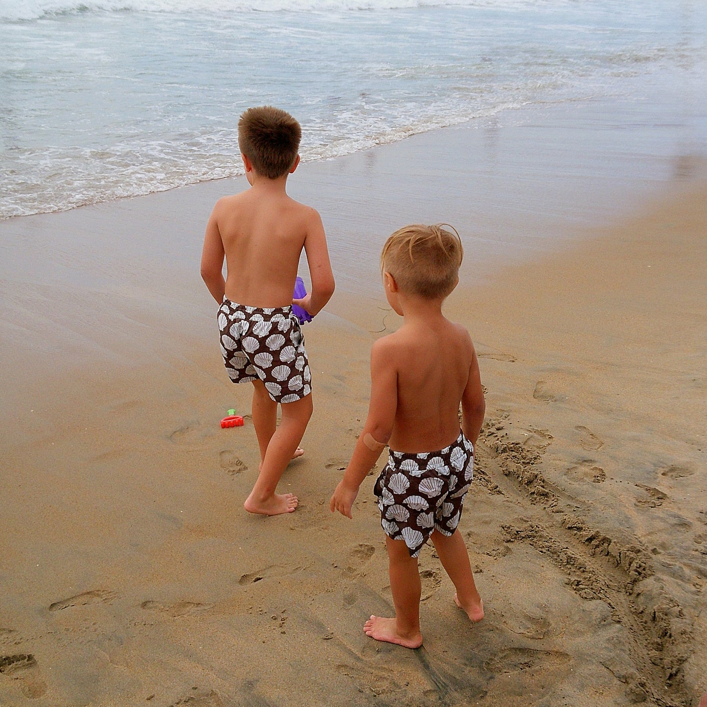 Two young boys wearing forever french baby Child Board Short in Seashells walk along the wet shoreline, backs to the camera, as gentle waves approach.