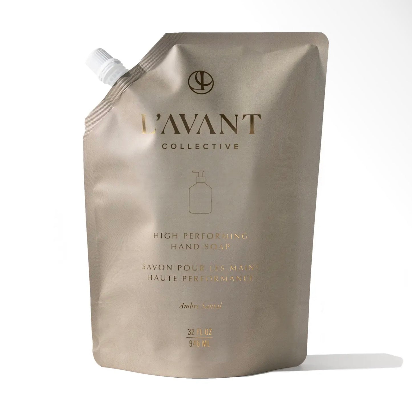A gold refill pouch of the forever french baby Hand Soap Refill | L’avant, featuring a white angled cap, minimalist design, and gold and black text on the front.
