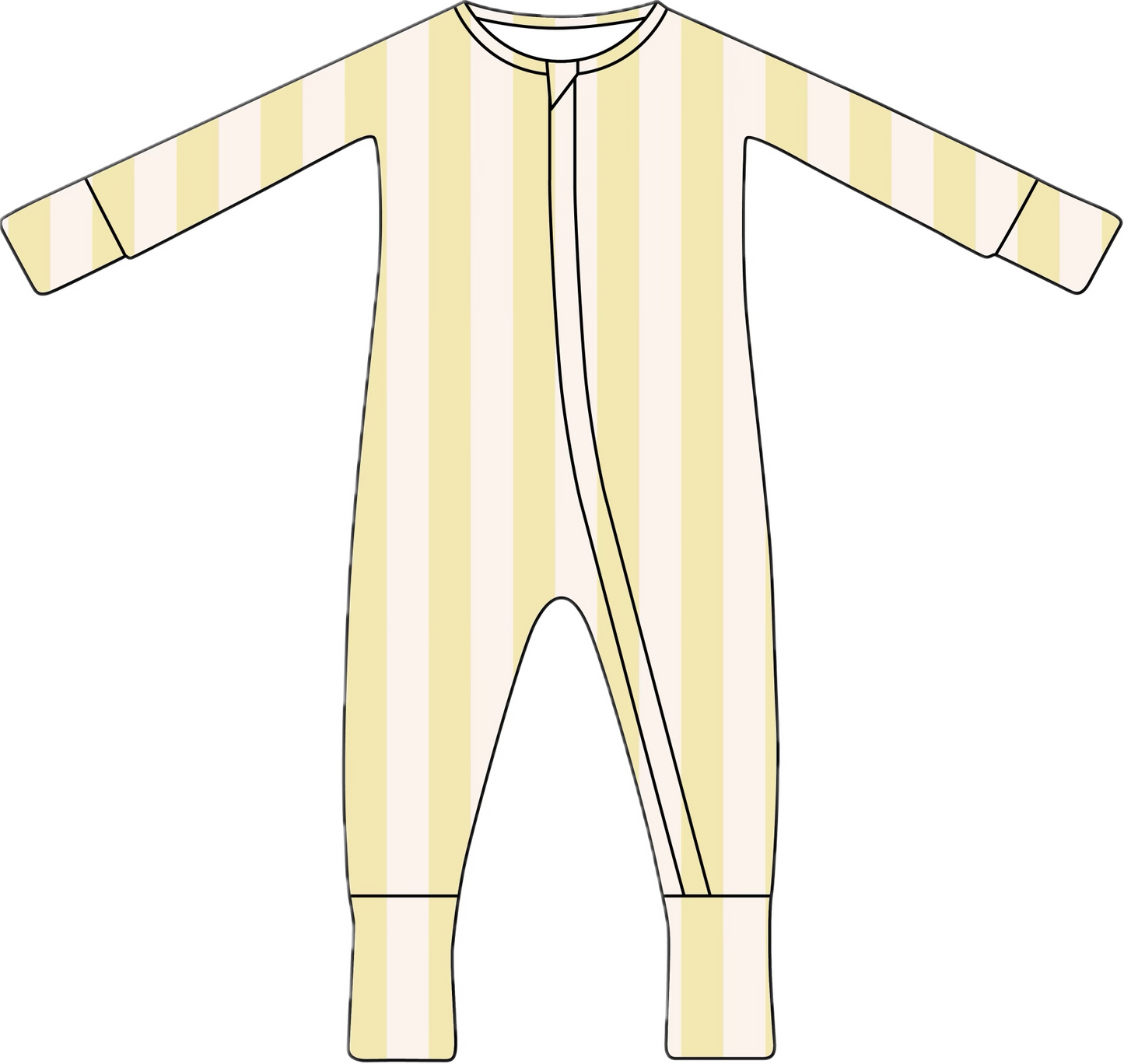 Illustration of forever french baby's Bamboo Zip Pajamas | Butter: a long-sleeved, full-length baby onesie with beige and white stripes and a diagonal zipper, crafted for breathable comfort.
