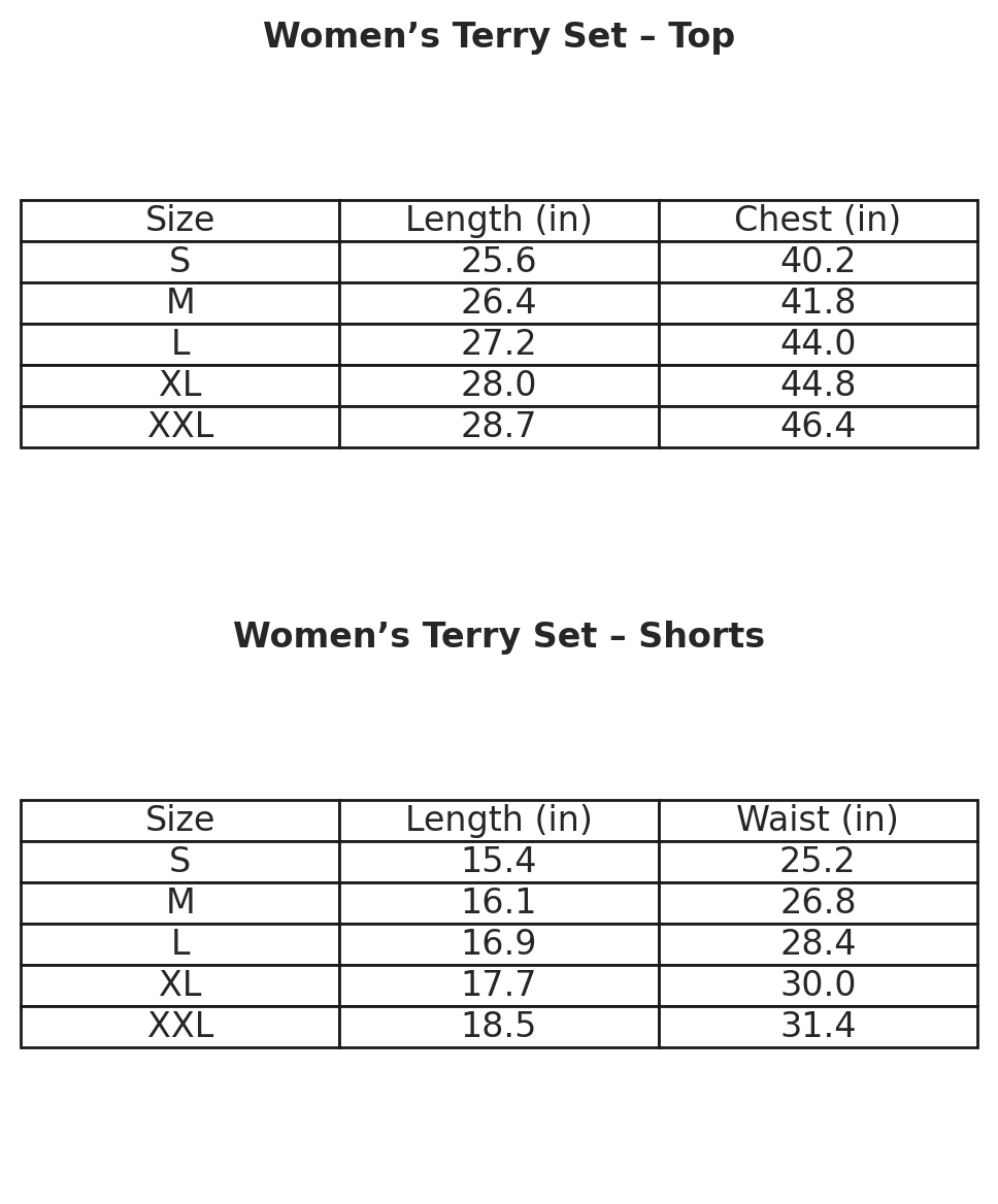 View size charts for the Women's Terry Short Set | Tan by forever french baby: Top (S-XXL)—length 25.6–28.7 in, chest 40.2–46.4 in; Shorts (S-XXL)—length 15.4–18.5 in, waist 25.2–31.4 in—ideal for matching rompers and more!.