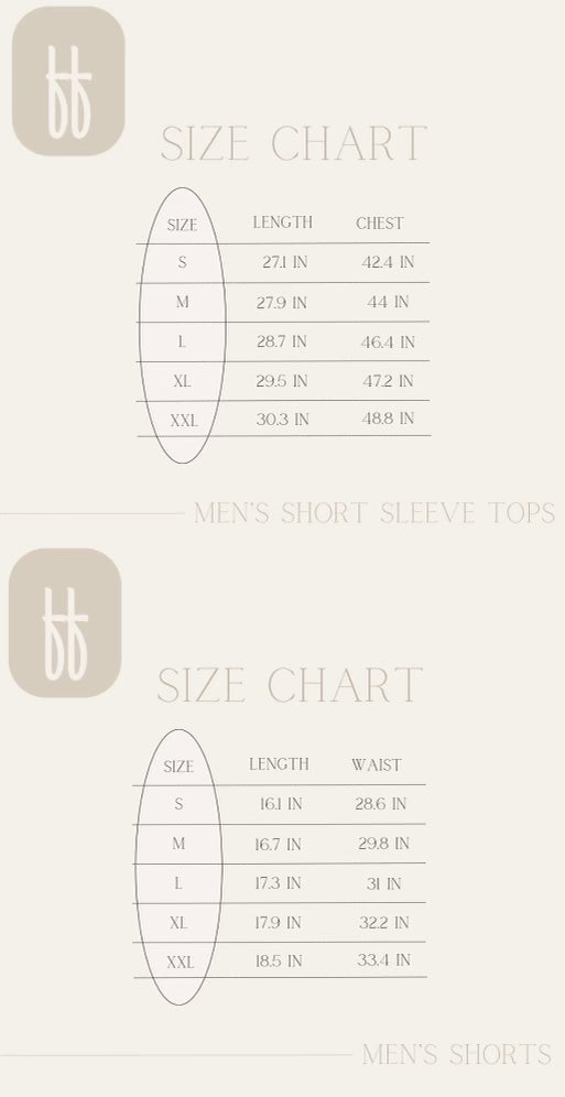 Two size charts for men’s clothing from forever french baby: short sleeve tops (S-XL) show length and chest in inches, shorts (S-XL) list length and waist, both crafted with care like their Mens Bamboo Pajamas | Golden Grid.