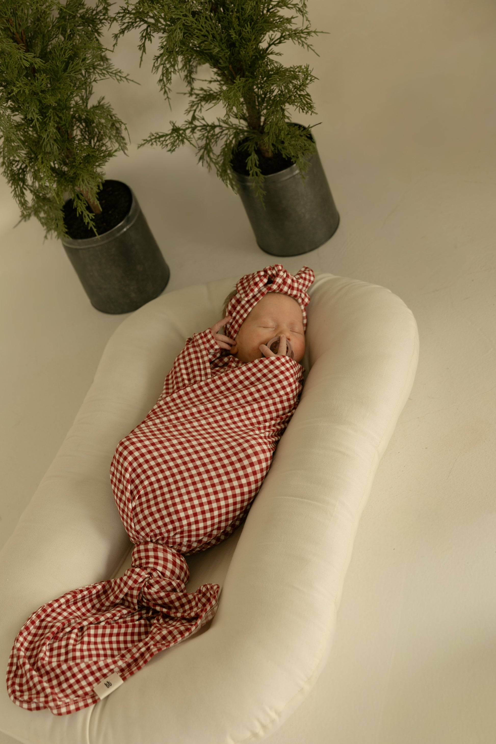 A baby sleeps in a cushioned white lounger, wrapped in the forever french baby Bamboo Swaddle | Red Gingham with a matching hat. Two small potted evergreen plants sit in the background on a light-colored floor.