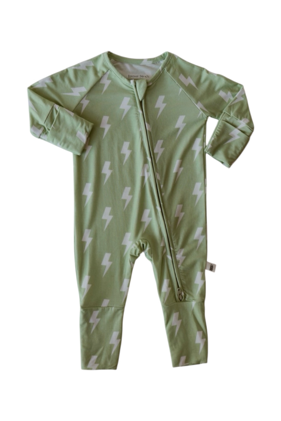 The Bamboo Zip Pajamas | Flash by forever french baby is a mint green, hypoallergenic romper with white lightning bolts and a diagonal zipper. This breathable sleepwear has long sleeves and legs for cozy comfort.