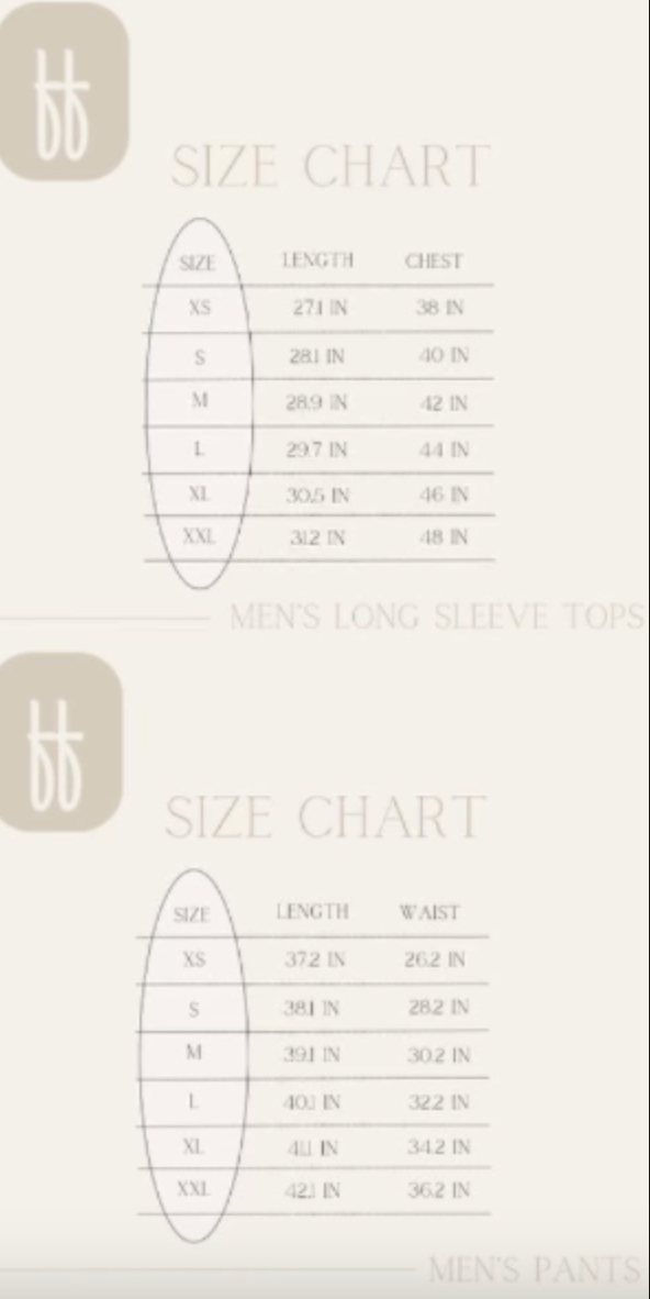 The "O Christmas Tree" Men Bamboo Pajamas by forever french baby offer a size chart for XS-XXL featuring long sleeve top and pant measurements. Top sizes include length and chest in inches, while pants cover length and waist, available in footless or footed designs for a comfortable fit.