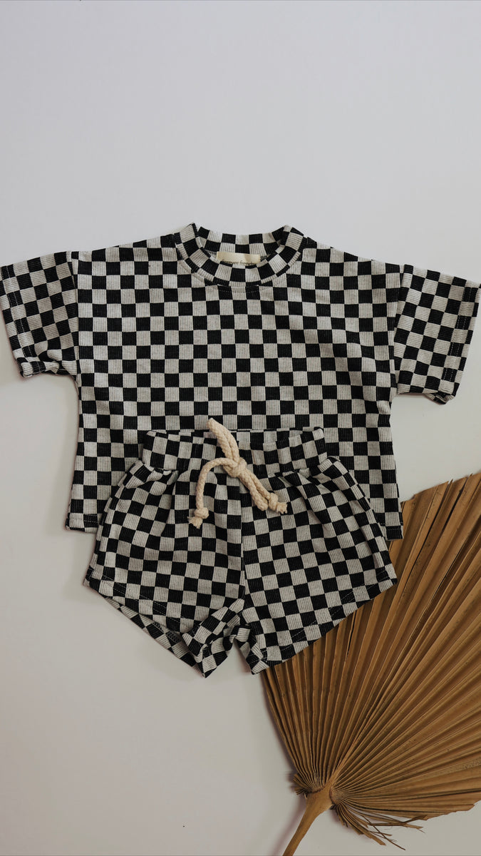 Black & Grey Checkerboard  Women's Short Sleeve Biker Short Set – forever  french baby