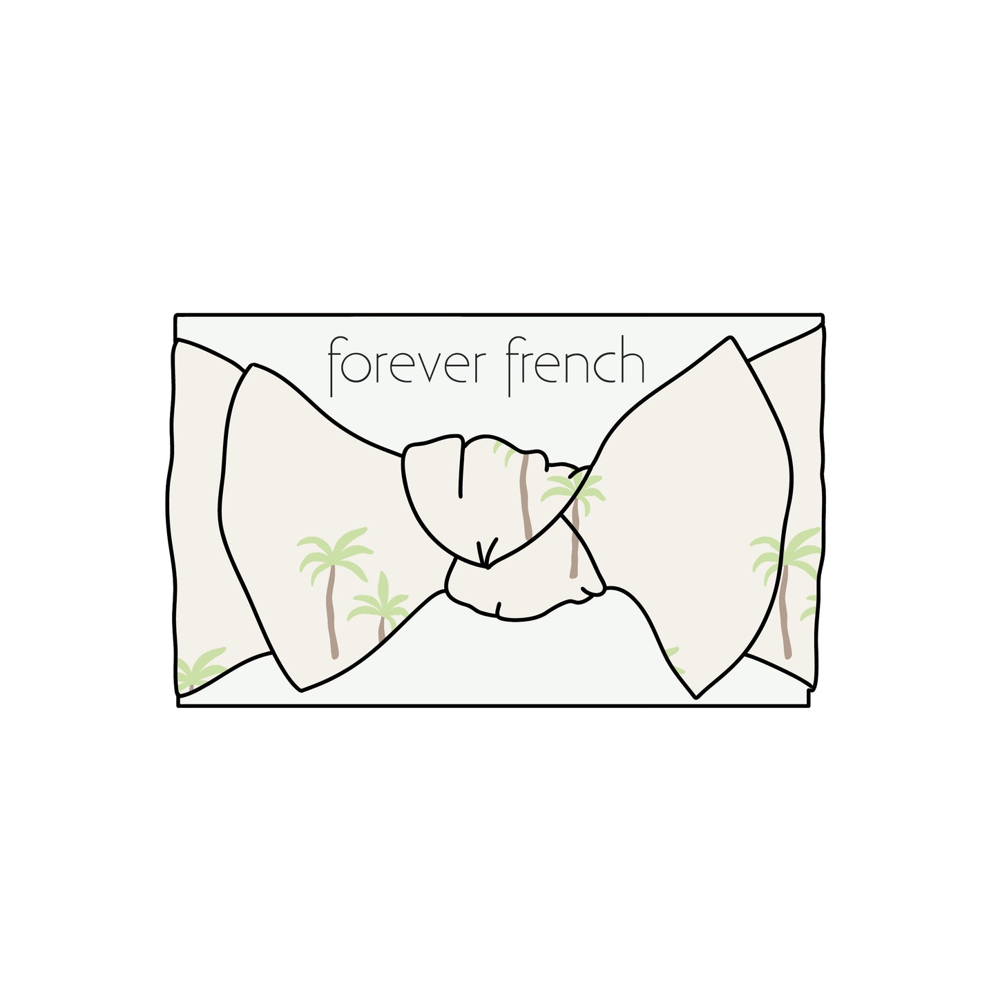 A cream-colored Bamboo Head Wrap featuring green palm tree prints by forever french baby, displayed on a card labeled “forever french.”.