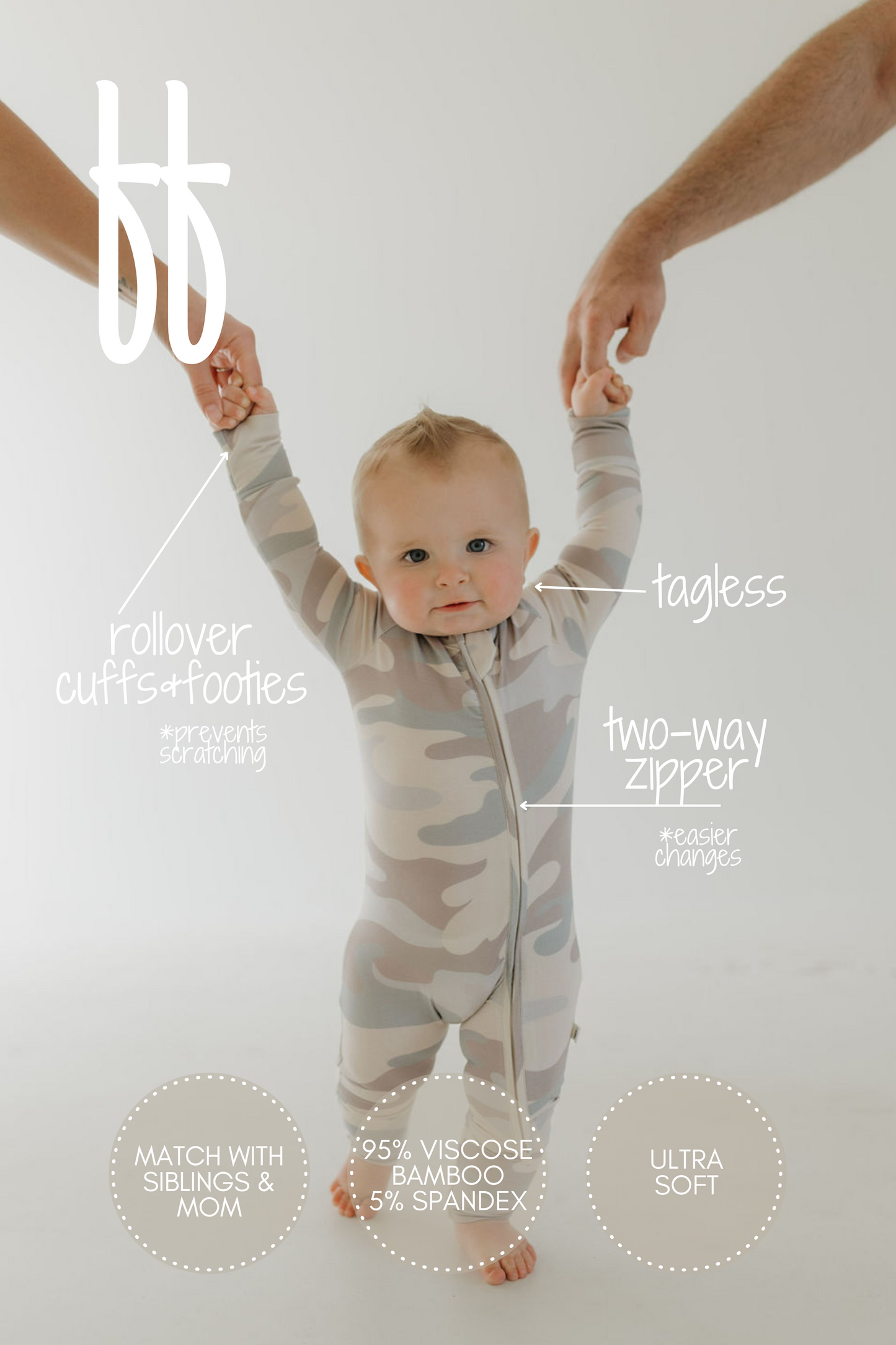 A baby in forever french baby's Camo Bamboo Zip Pajamas holds hands with adults. The hypo-allergenic onesie features rollover cuffs, footies, a tagless design, and two-way zipper with soft and breathable fabric made from 95% bamboo viscose and 5% spandex.