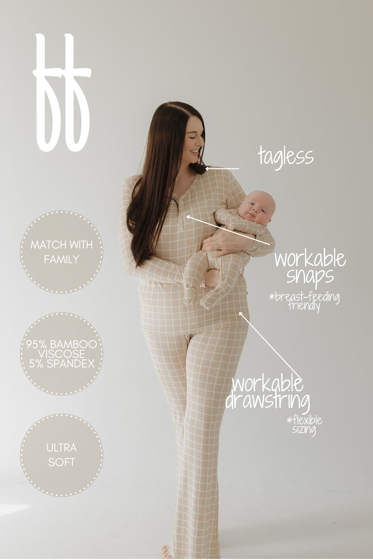 A woman cradles a baby, both wearing forever french baby's beige checkered Women's Bamboo Pajama | Grid loungewear, made from ultra-soft bamboo viscose. Hypo-allergenic and tagless with workable snaps for breastfeeding access and a flexible drawstring, all set against a crisp white background.