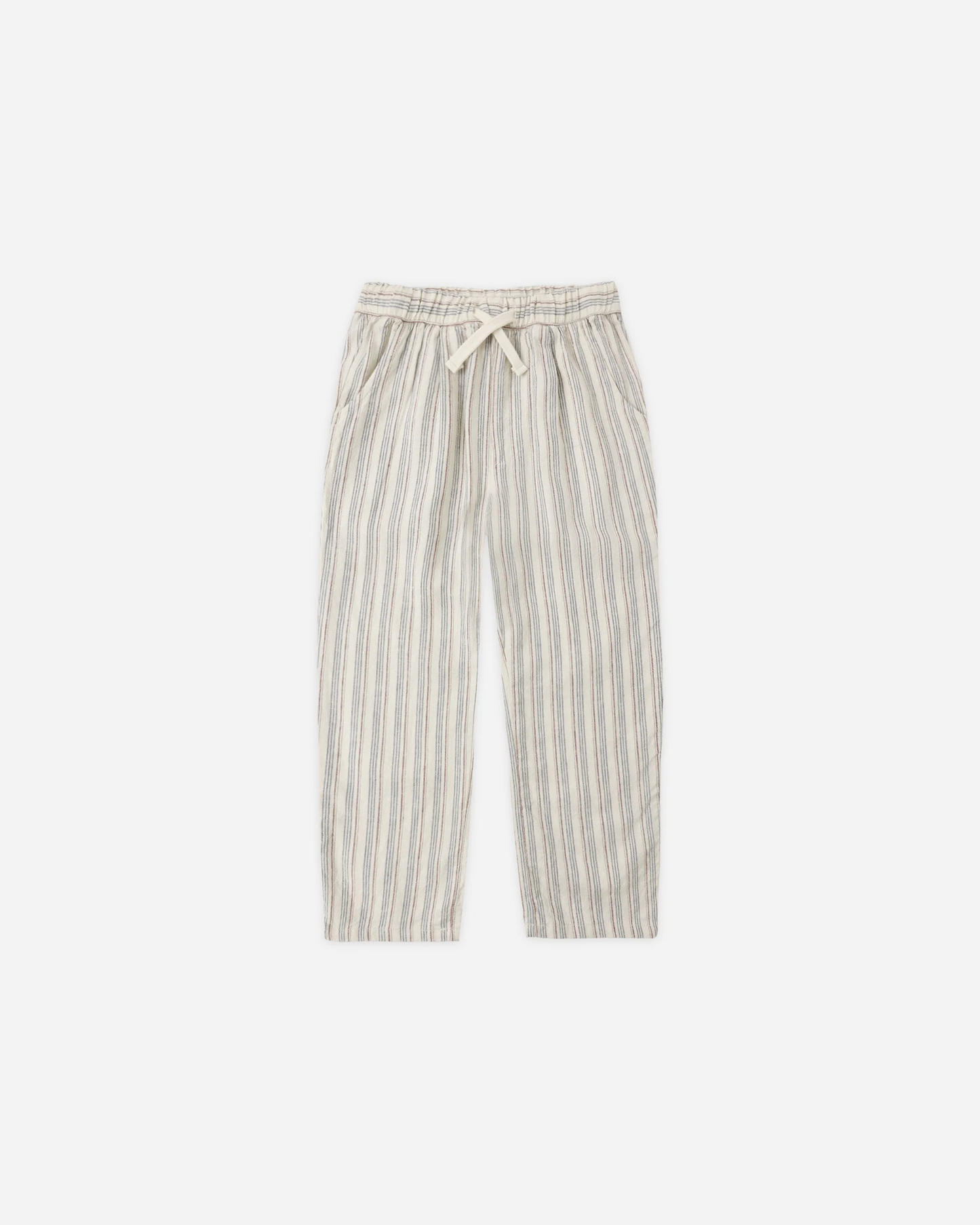 The Rylee + Cru Ethan Trouser | Nautical Stripe features light, loose-fit pants with vertical blue and beige stripes, an elastic waistband, and a cream drawstring. Displayed on a white background.