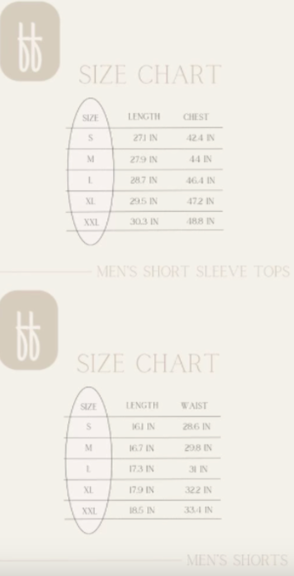 Image displaying two size charts for men's clothing from the Summer Dreamin' Adult Bamboo Short Pajamas collection by forever french baby. The top chart details men's short sleeve tops in sizes S, M, L, XL, and XXL with corresponding length and chest measurements. The bottom chart provides information for men's shorts in the same sizes with length and waist measurements, all made from sustainable bamboo fabric.