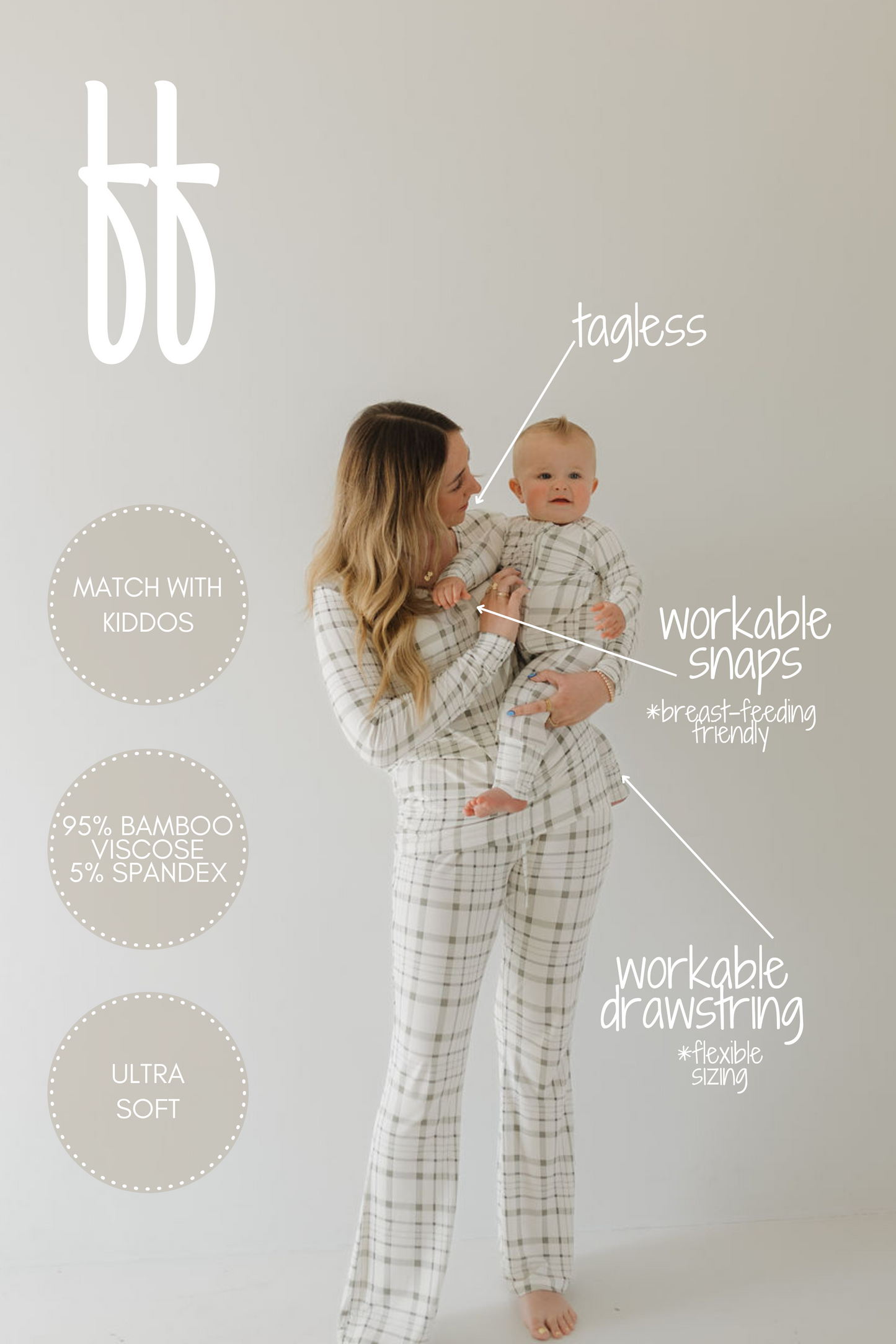 A woman and baby in matching Picnic Plaid outfits by forever french baby enjoy hypo-allergenic, tagless pajamas with snaps and drawstring, made from ultra-soft, breathable fabric of 95% bamboo and 5% spandex for guaranteed comfort.