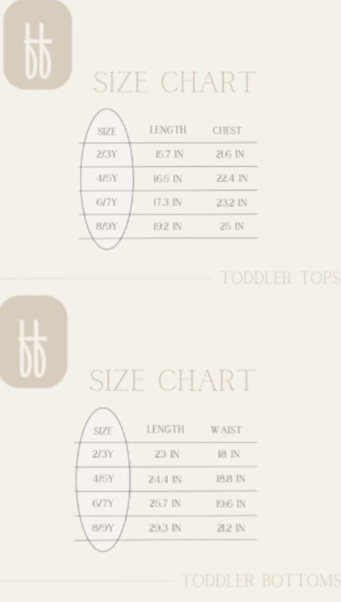 Size chart for Forever French Baby toddler tops and bottoms. The tops chart displays sizes ranging from 2/3Y to 8/9Y with detailed length and chest measurements in inches, while the bottoms chart covers the same size range with length and waist measurements in inches. Each chart features a beige background, ideal for showcasing bamboo pajamas like the Sparkle! Bamboo Two Piece Pajamas by forever french baby, which are perfect for hypo-allergenic clothing needs.