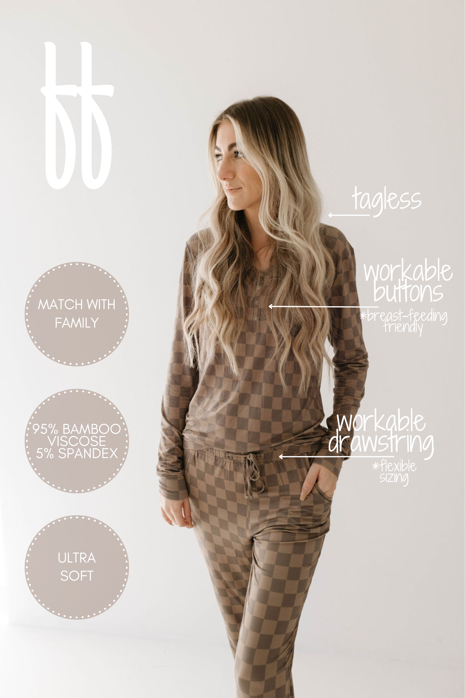 A woman with long, wavy blonde hair stands against a plain white background wearing Forever French Baby’s Women's Bamboo Pajamas in Faded Brown Checkerboard. The ultra-soft, tagless set features workable buttons and is breastfeeding accessible. Made from a blend of 95% bamboo and 5% spandex, it includes a full-sleeve top with matching drawstring pants that can be coordinated with family ensembles.