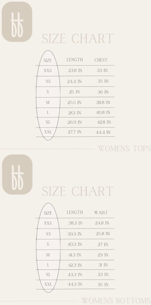 Explore the size chart for women's clothing, ranging from XXS to XXL. Tops include length and chest measurements; bottoms feature length and waist details, all in inches. Enjoy cozy comfort with our O Christmas Tree Women Bamboo Pajama by forever french baby in every size.