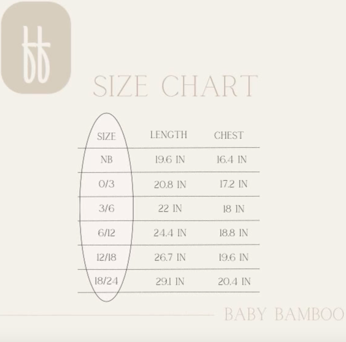 A size chart for Forever French Baby's Bamboo Zip Pajamas in the Sweet Dreams Floral design shows sizes NB (newborn), 0/3, 3/6, 6/12, 12/18, and 18/24. The corresponding lengths range from 19.6 to 29.1 inches, and chest measurements range from 16.4 to 20.4 inches.
