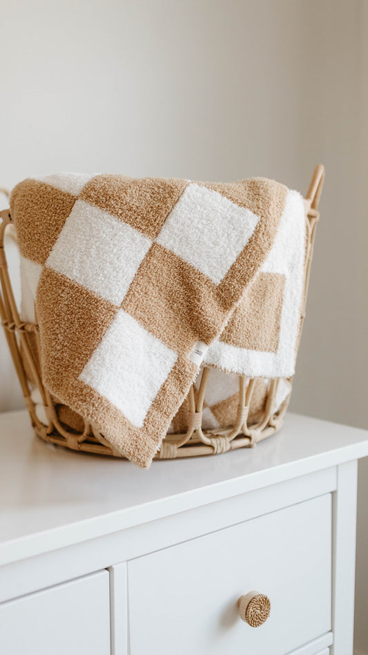 A wicker basket with a forever french baby Plush Blanket | Original Checkerboard draped over it sits on top of a white dresser with a single drawer. The scene is minimalist and cozy, with neutral tones and a calming vibe.