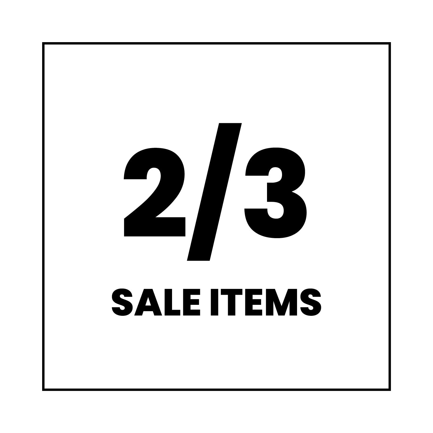 Large black text reads “2/3” above “SALE ITEMS” in bold letters, all centered within a thin black square border on a white background.