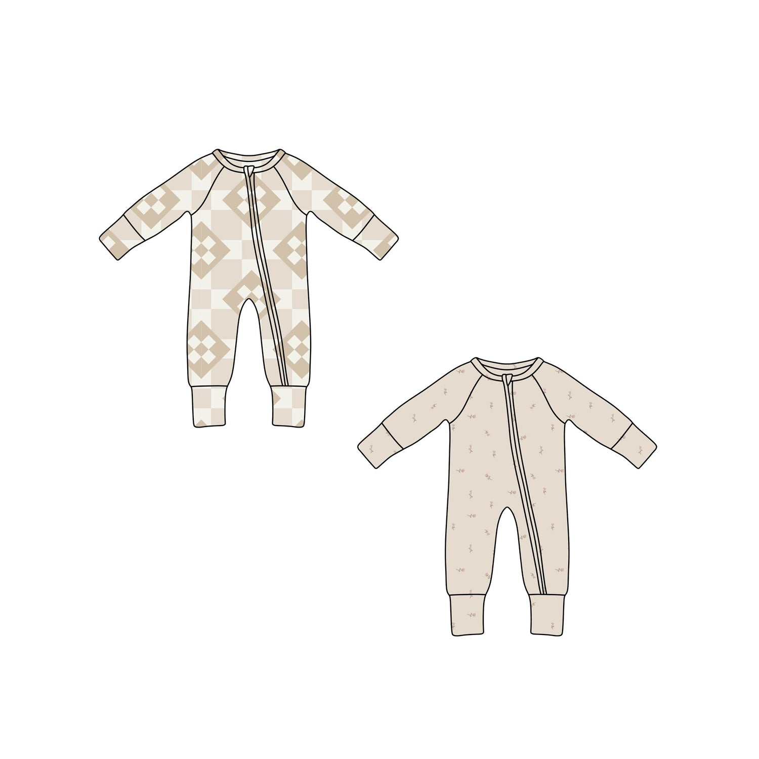 Two baby onesies: one with a beige and cream geometric pattern, the other solid beige with subtle speckles. Both have long sleeves and legs, and diagonal zip closures.