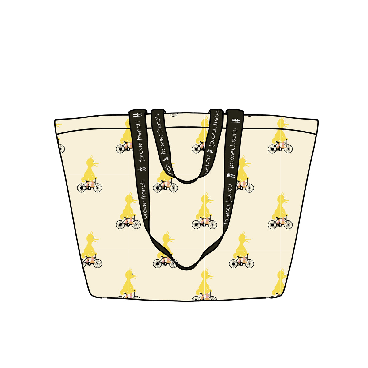 A beige tote bag features a repeating pattern of a person in yellow riding a bicycle. The bag has black handles with white text reading “life is forever french.”.