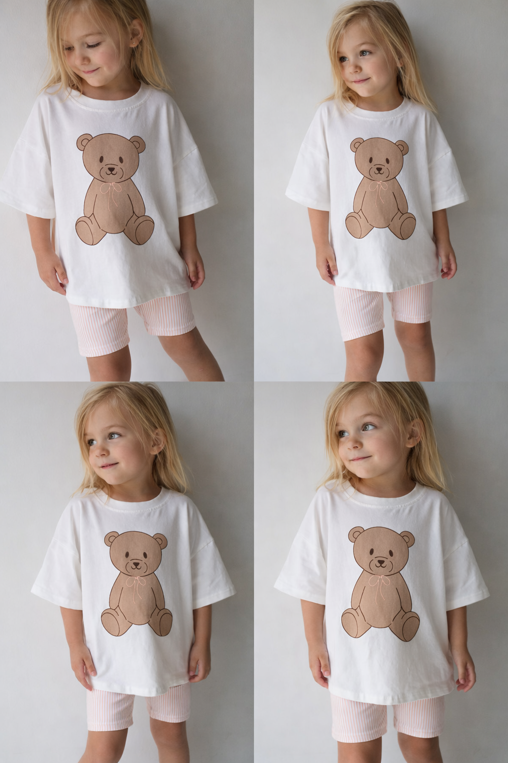 A young child with long blonde hair models the forever french baby Child Short Set | Lottie, featuring a teddy bear graphic tee and bike shorts, posing in four angles against a light background.