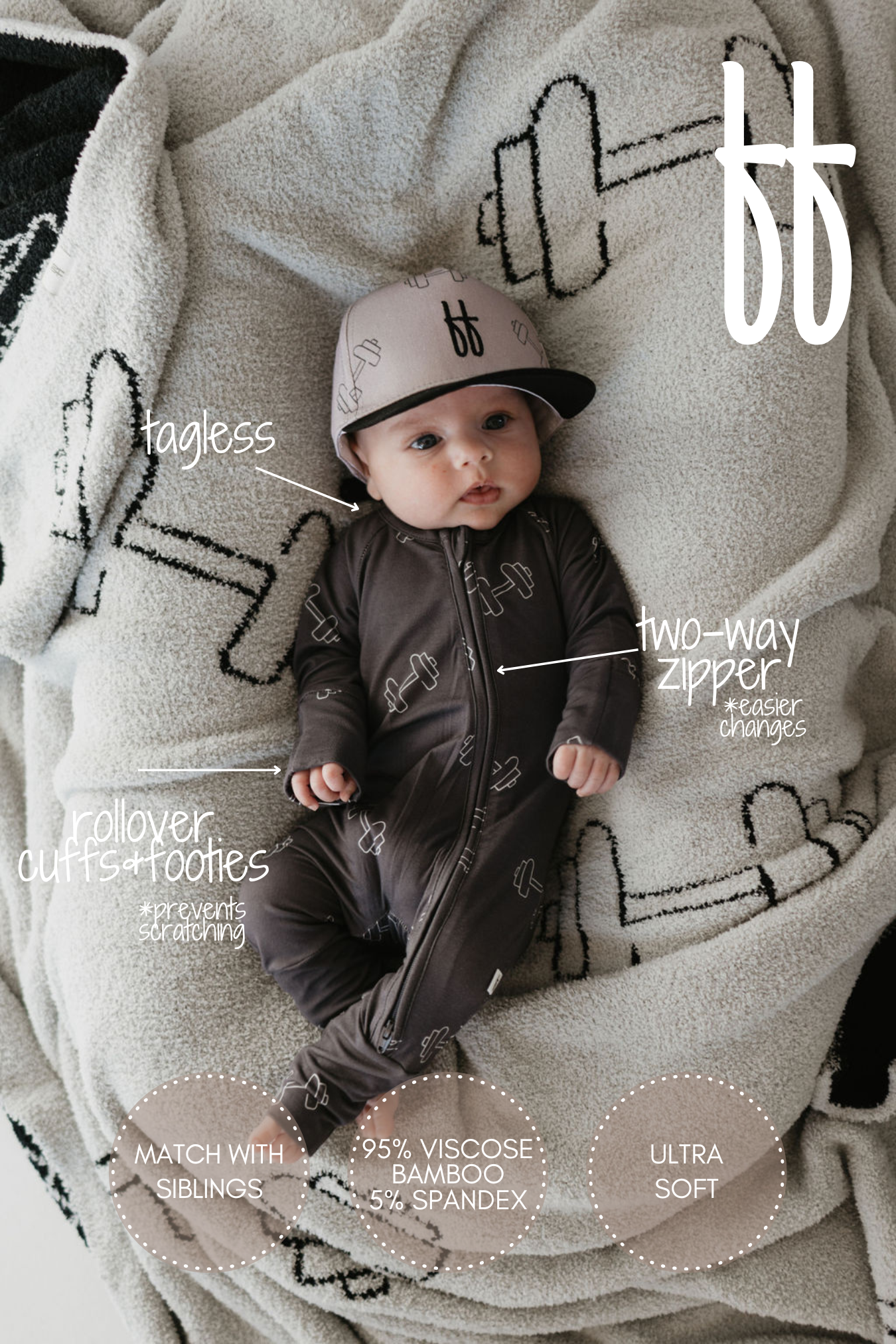 A baby in a brown onesie and matching cap is comfortably lying on a barbell-patterned blanket. The Bamboo Zip Pajamas by forever french baby are hypo-allergenic and feature a two-way zipper, tagless design, rollover cuffs, and footies. The text emphasizes the breathable fabric and extraordinary softness.