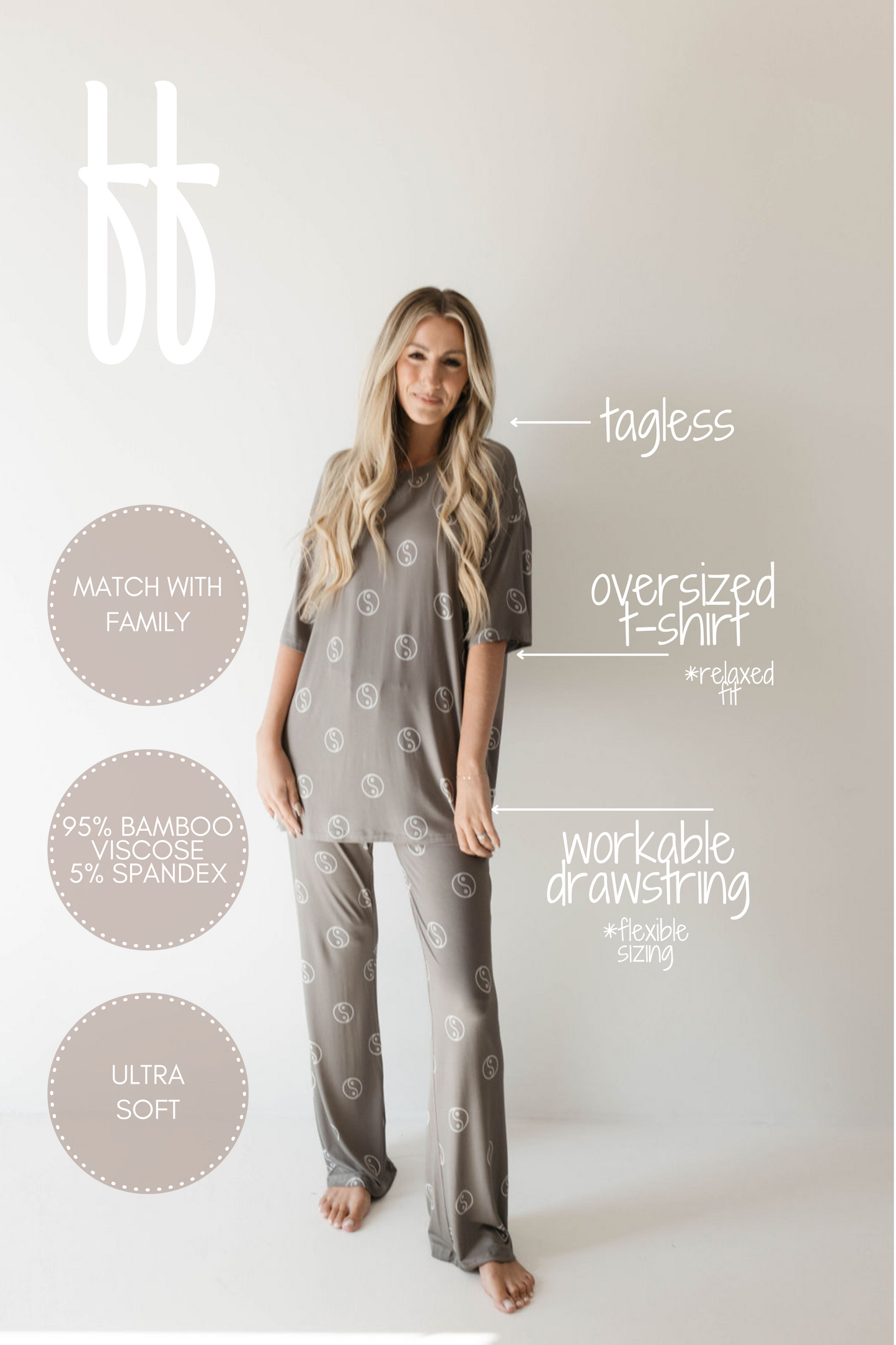 A woman with long blonde hair is wearing the Short Sleeve Women's Bamboo Pajamas in Sage Yin Yang from forever french baby. Text surrounding points to the features: tagless, workable drawstring, 95% bamboo viscose and 5% spandex, ultra-soft, breathable clothing, and matching with family.