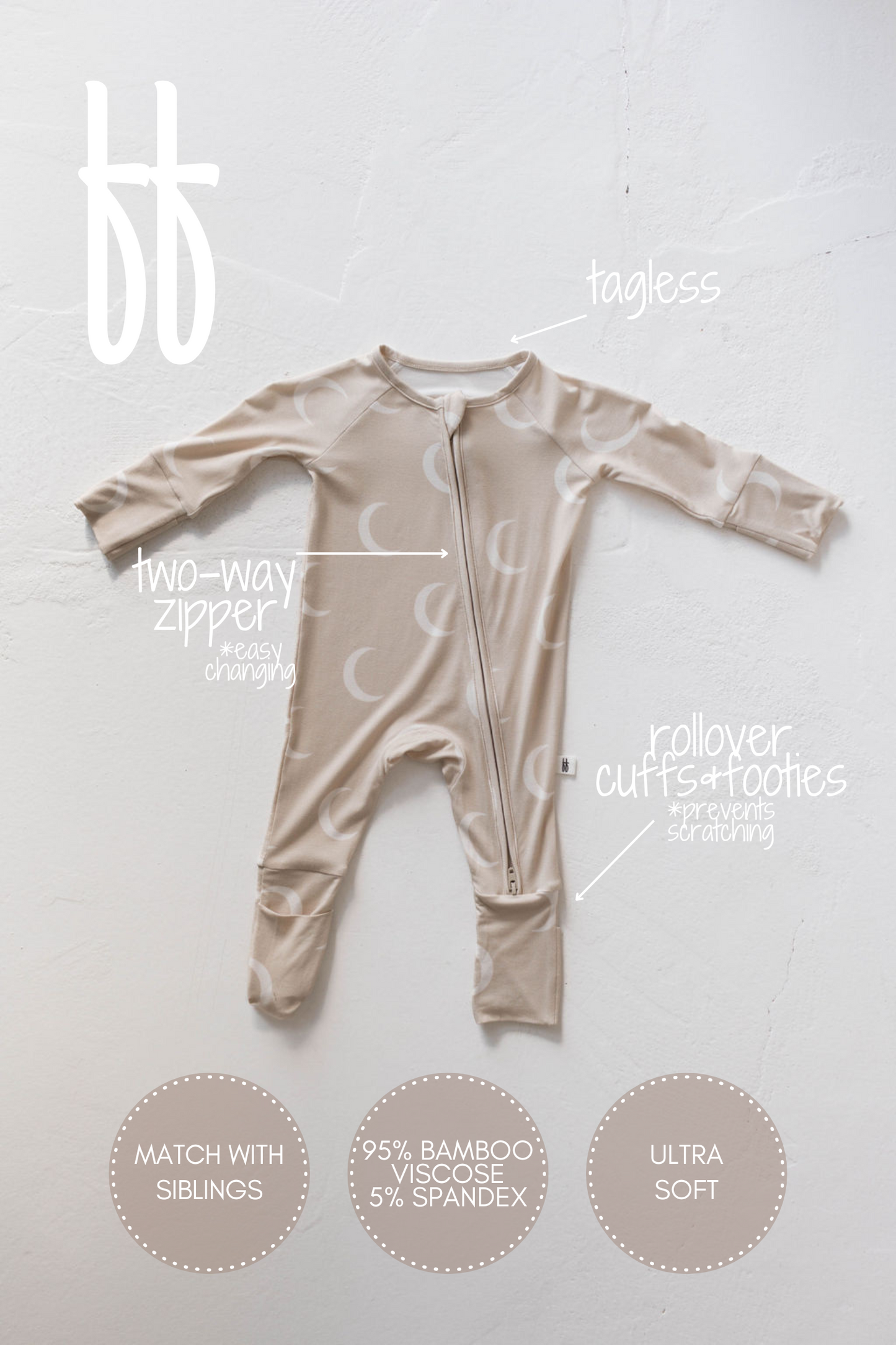 Displayed is the Bamboo Zip Pajamas | Luna by forever french baby, a beige baby romper featuring a moon print design. It includes practical elements such as a two-way zipper for easy changing, a tagless design, rollover cuffs and footies to prevent scratching, and is made from a blend of 95% bamboo viscose and 5% spandex material. Labels emphasize matching options with siblings and the ultra-soft fabric ensures ultimate comfort in baby sleepwear.