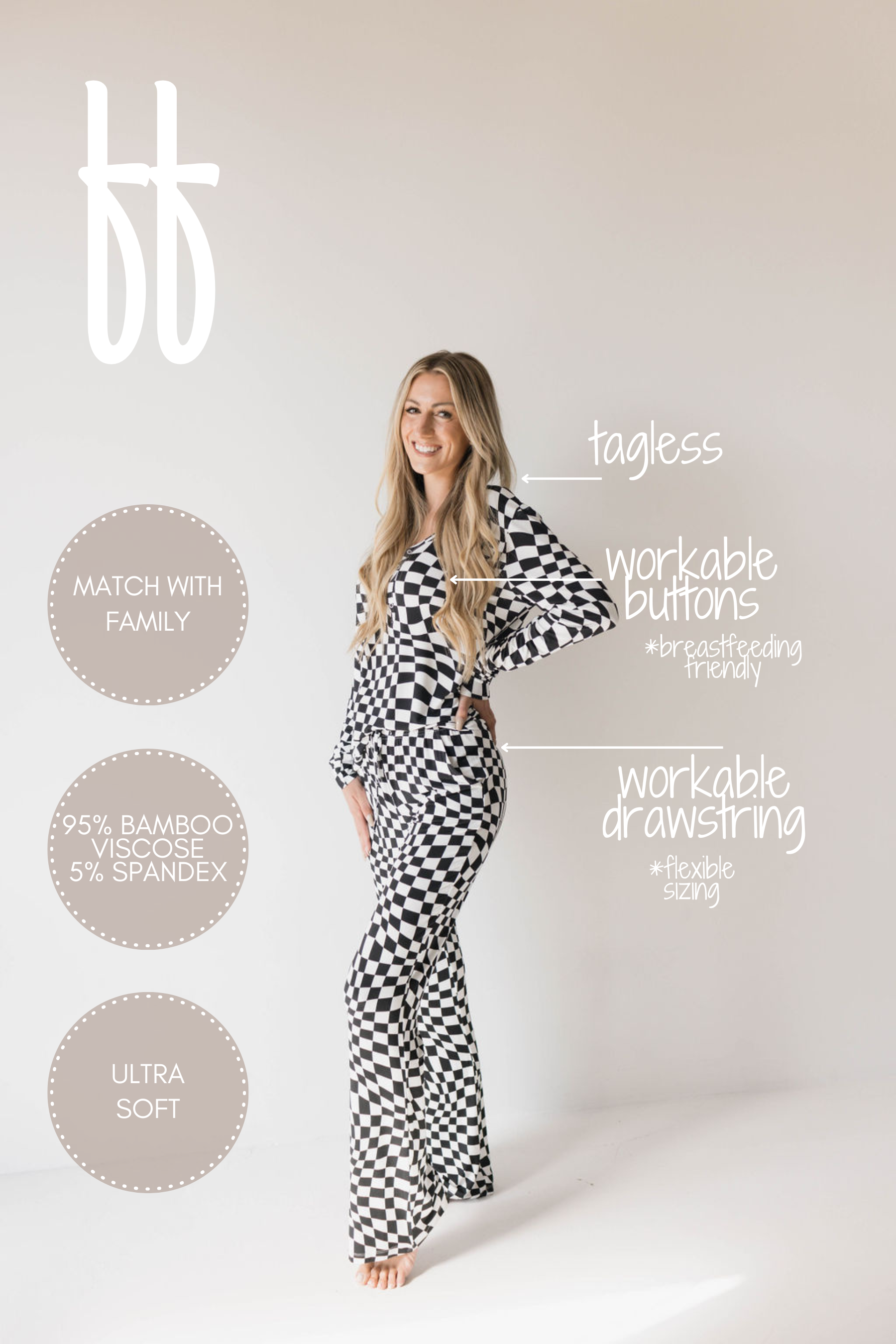 A smiling person stands in forever french baby’s Women's Bamboo Pajamas in Black & White Wavy Checkerboard, featuring long sleeves and pants. Text highlights the outfit's features: tagless, breastfeeding-friendly workable buttons, flexible sizing with a workable drawstring, and ultra-soft material made of 95% bamboo and 5% spandex. Perfect for breastfeeding moms.