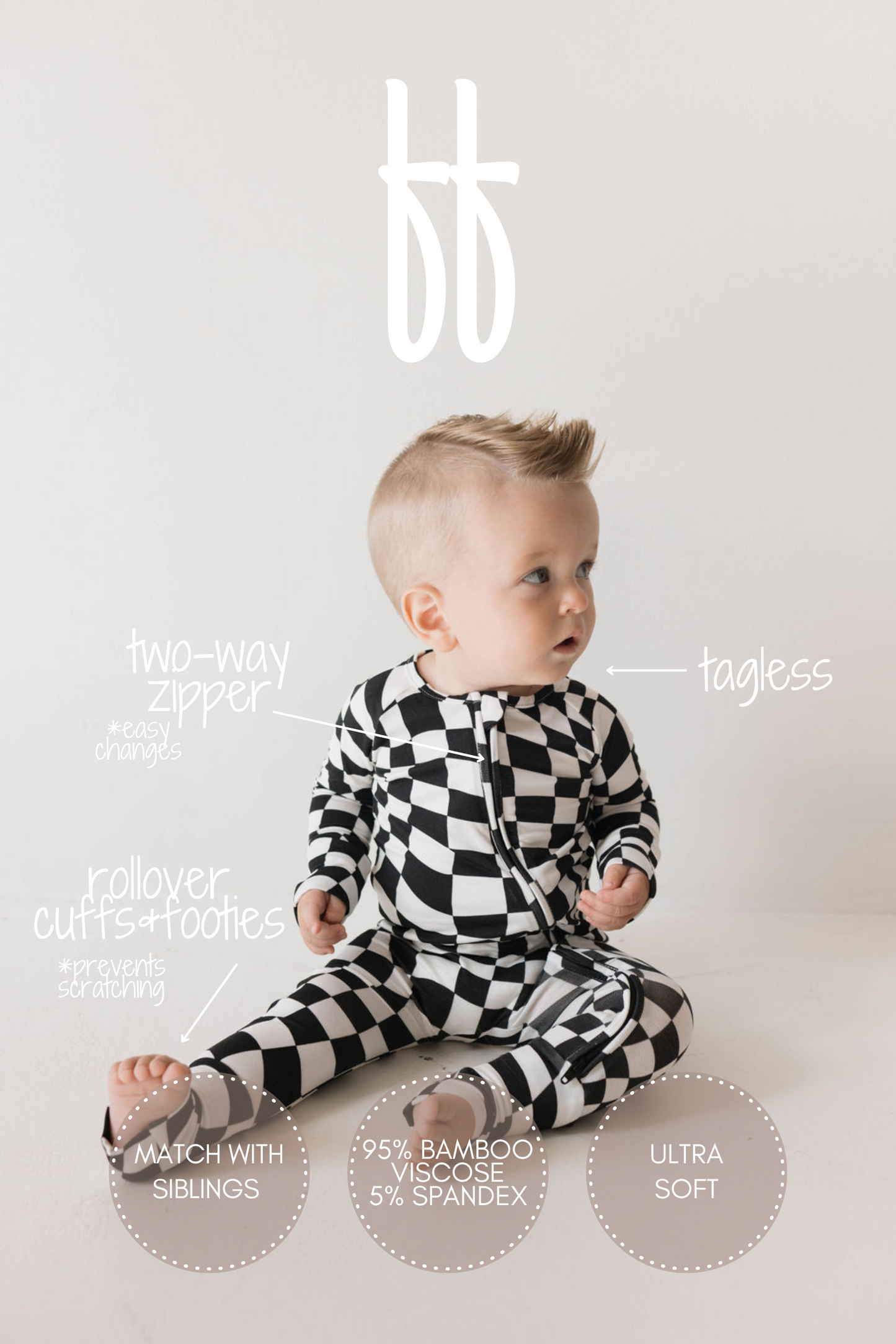 A baby dressed in the forever french baby's Bamboo Zip Pajamas in Black & White Wavy Checkerboard is enjoying numerous features: a two-way zipper for easy changing, a tagless design, rollover cuffs and footies to prevent scratching, sibling matching options, and a composition of 95% bamboo viscose and 5% spandex. These premium pajamas offer hypoallergenic benefits perfect for sensitive skin.