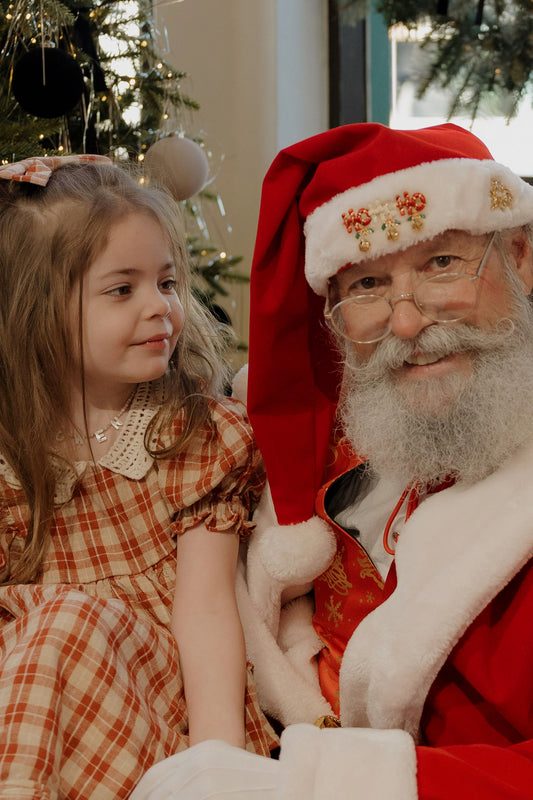 A young girl in a plaid dress sits with Santa Claus in front of a Christmas tree during Santa Photos | Forever French Baby x Emily Schuman Photography in Gilbert, AZ.