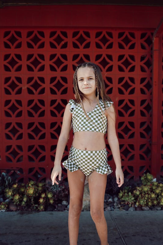 Wave Chaser Olive Checker | Two Piece Girls Swim Suit