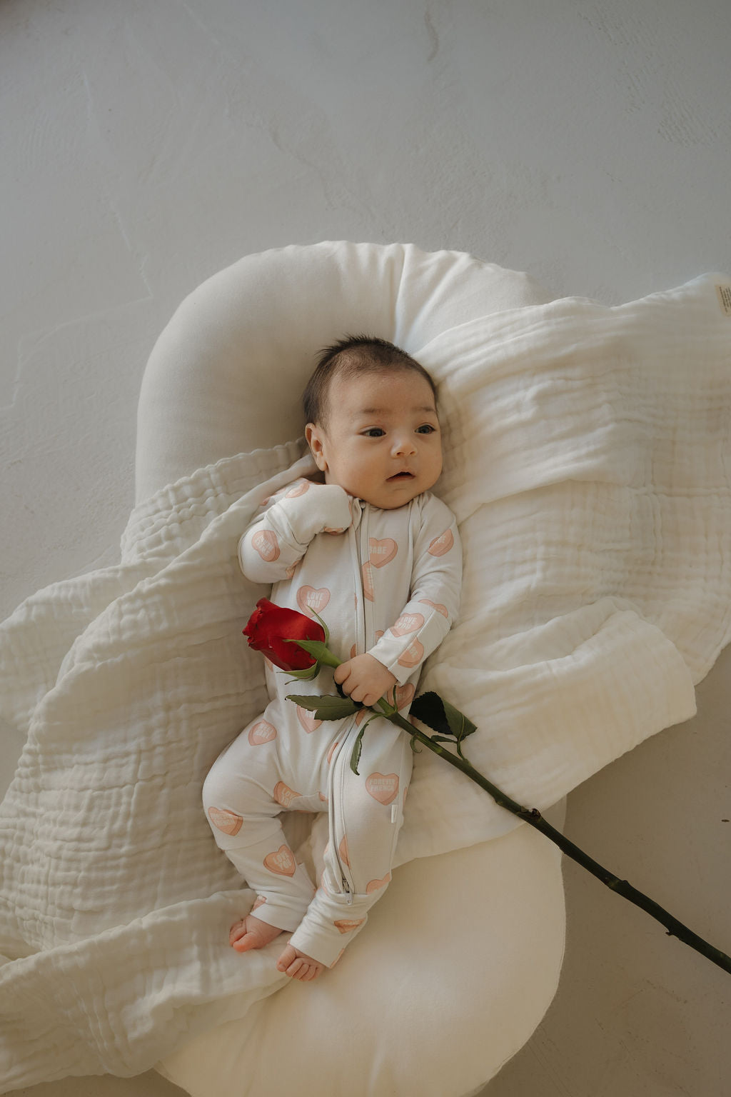 A baby in forever french baby's Bamboo Zip Pajamas | Love Notes - Grey lies on a soft white pillow and blanket, holding a single red rose.
