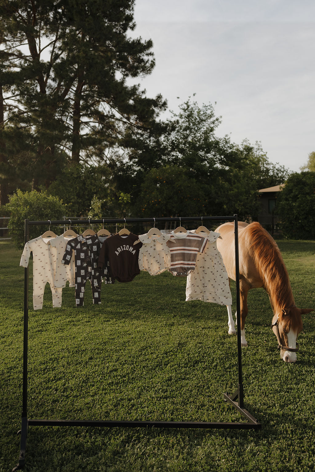 A clothing rack on grass holds five children’s outfits, including forever french baby Bamboo Zip Pajamas | Wild Horses, while a brown and white horse grazes nearby. Trees and a small building are in the background.