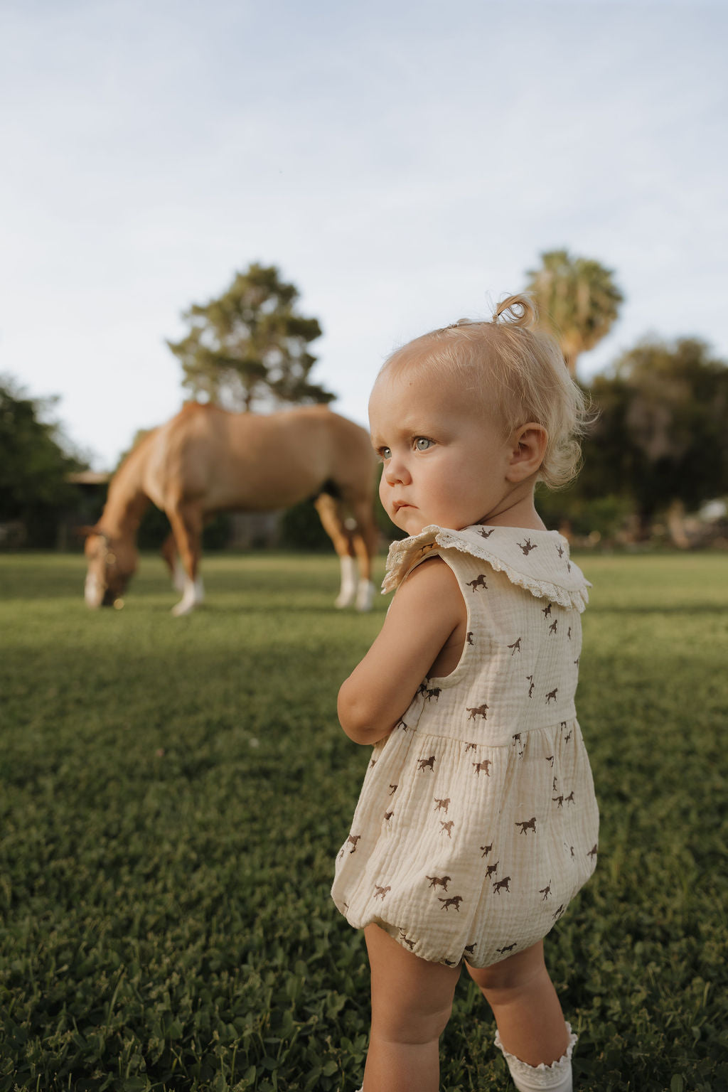 A toddler wears the forever french baby Muslin Romper | Wild Horses and stands on green grass, looking to the side, as a brown horse grazes nearby under a clear sky.