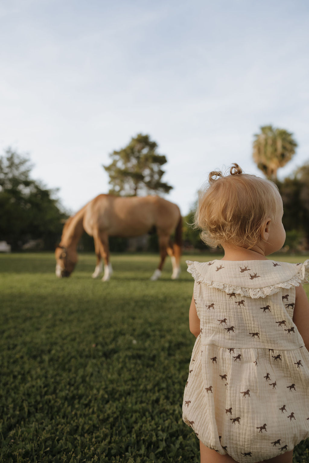 A small blonde-haired child wearing the forever french baby Muslin Romper | Wild Horses stands on grass, watching a brown horse graze. Trees and a clear sky can be seen in the background.
