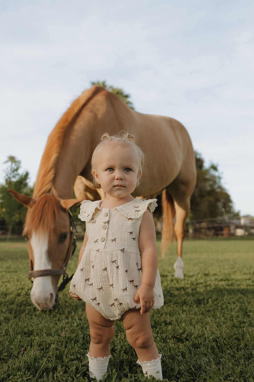 A toddler wearing the forever french baby Muslin Romper | Wild Horses stands on grass, looking at the camera as a light brown horse grazes behind her under a blue sky.
