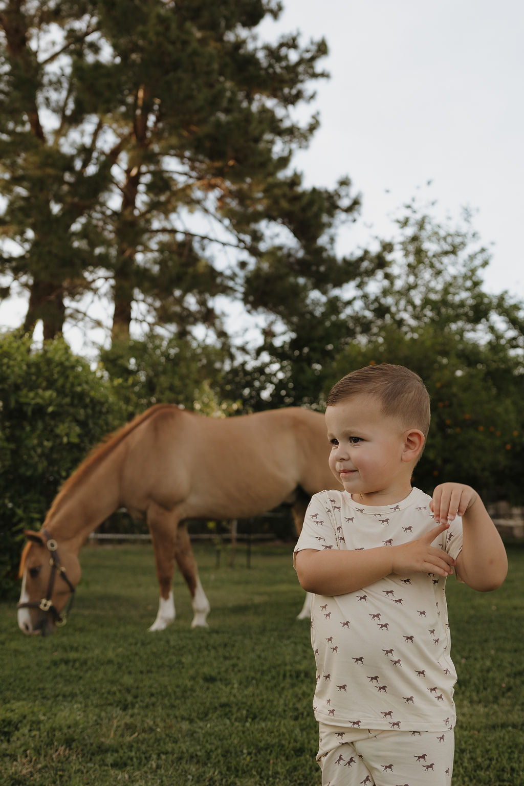 A young boy stands on grass in the Bamboo Short Set | Wild Horses by forever french baby, featuring a horse pattern, while a tan horse grazes nearby—showcasing breathable children's pajamas ideal for outdoor play or restful sleep.