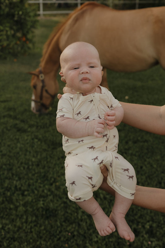 An adult holds a baby outdoors in forever french baby's Shortie Bamboo Zip | Wild Horses, as a brown horse grazes on grass in the background.