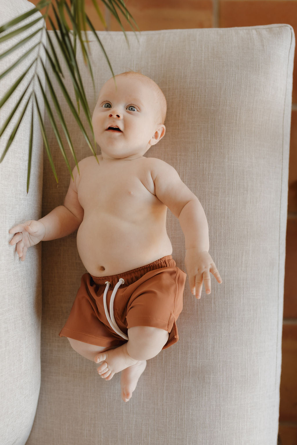 A red-haired baby in brown "Child Boardshort" from the forever french baby Terra collection lies on a light cushion. A green plant leaf hangs above, partially visible, against a brick wall background. The baby gazes upward with curiosity.