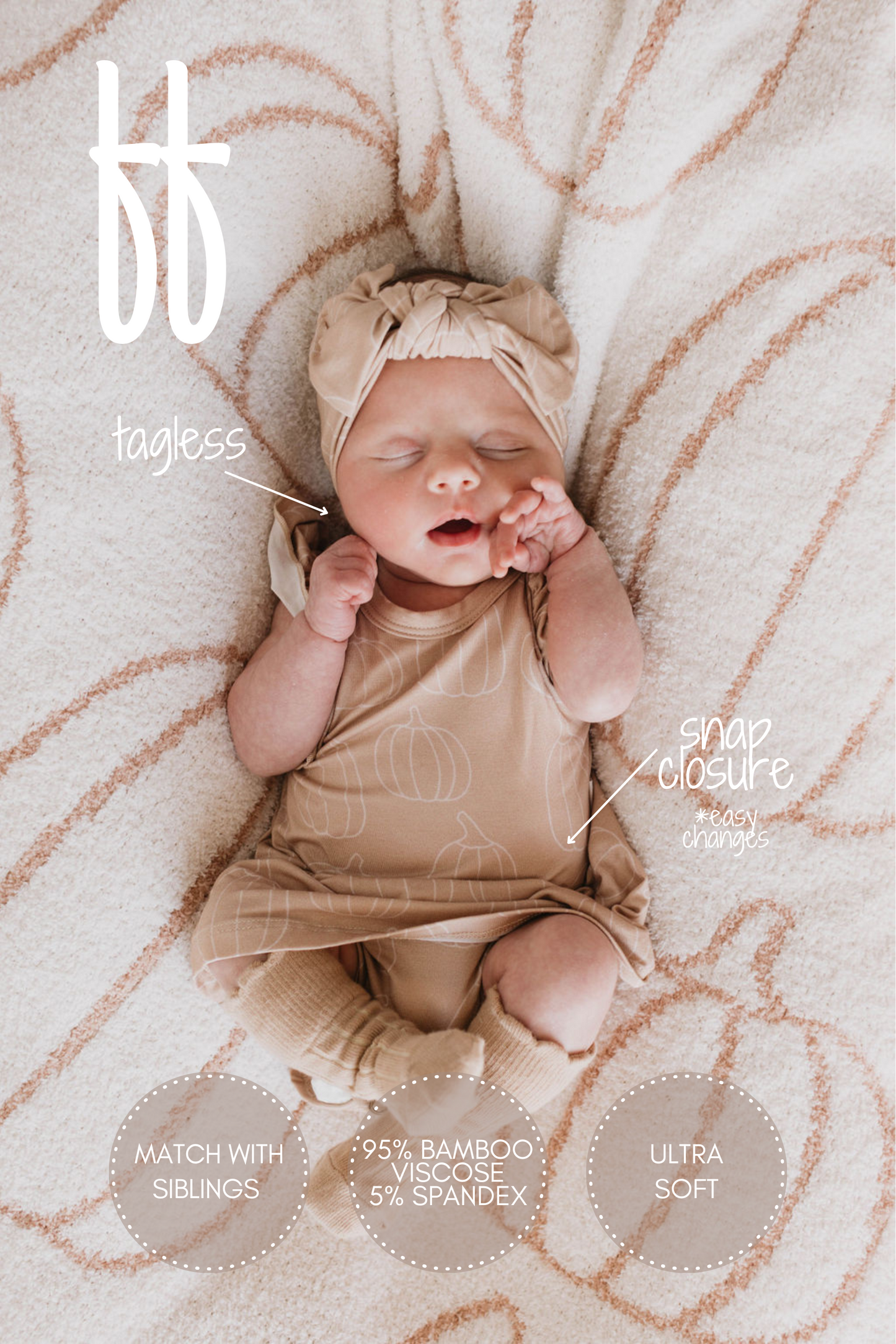 A baby in a beige onesie and headband sleeps peacefully on a fluffy, patterned blanket. Text highlights Forever French Baby's Bamboo Ruffle Romper in Pumpkin Pie, featuring "tagless," "snap closure for easy changes," "match with siblings," "95% bamboo viscose, 5% spandex," and being "ultra soft.