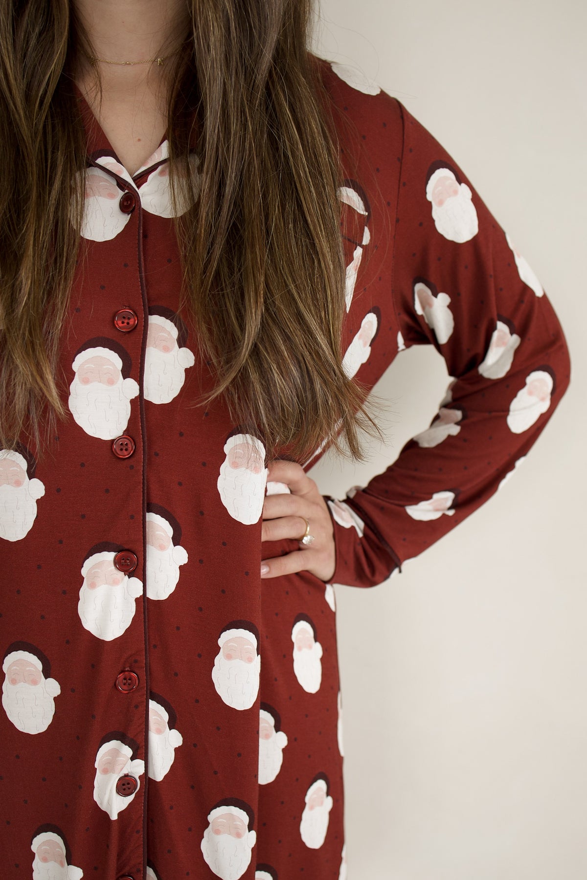 Women’s Bamboo Sleeping Dress | Vintage Santa in dark red, featuring a long-sleeved button-up design with a vintage Santa print.