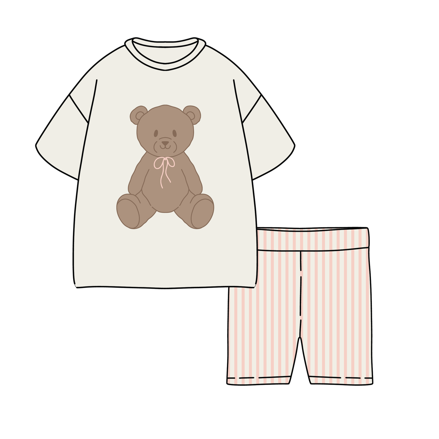 The forever french baby Child Short Set | Lottie features a cream teddy bear graphic tee and light bike shorts with vertical pink stripes, perfect for kids.