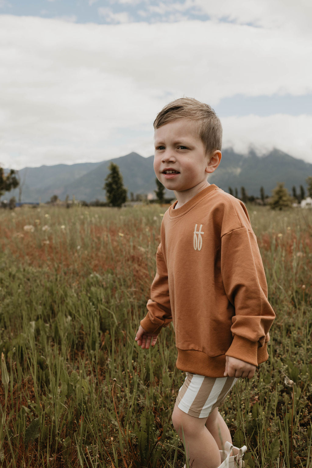 A young boy stands in a grassy field wearing the "Made It to The Mountains" brown sweatshirt, crafted from 95% cotton, by forever French baby. He sports stylish striped shorts and looks ahead as he appears to be walking. In the background, mountains partially covered with clouds and trees can be seen under a partly cloudy sky.