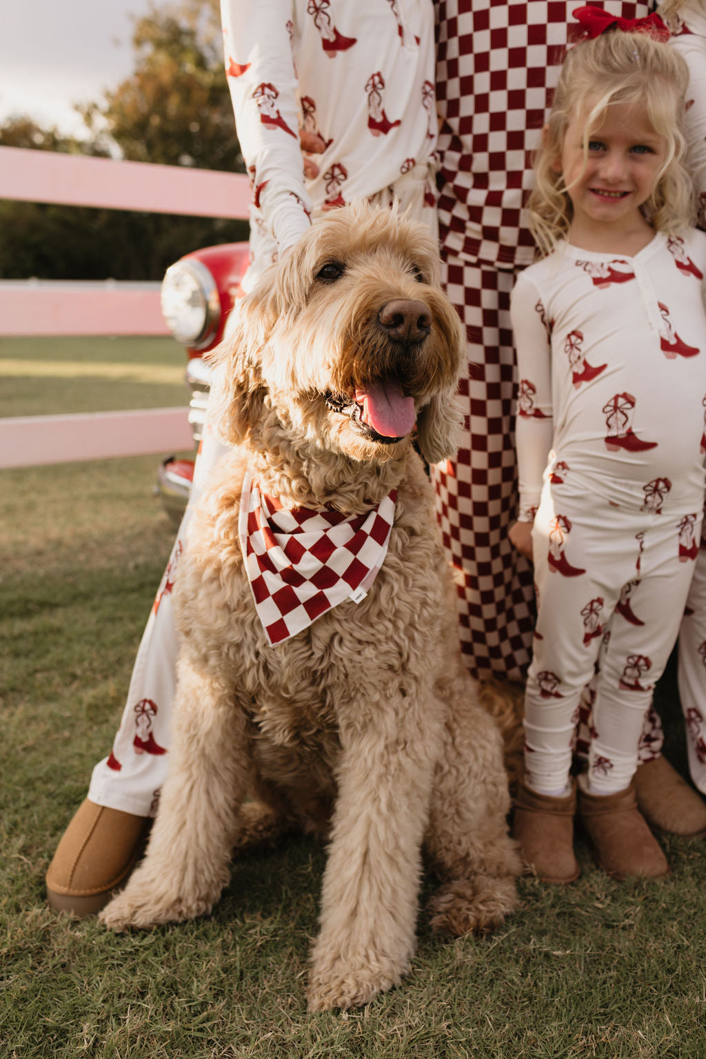 A fluffy brown dog wearing "the Quinn" Bamboo Bandana by lolo webb sits beside a child dressed in matching pajamas with dog prints. The child is smiling and standing on a grassy field near a wooden fence.