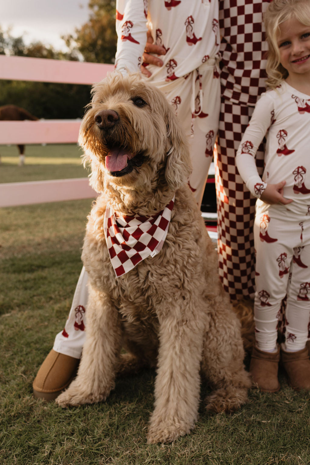 A fluffy dog sits on the grass, proudly sporting a "Bamboo Bandana | the Quinn" by lolo webb, featuring a red and white checkered pattern. Beside the dog, two people in matching checkered pajamas—one adult and one child—are partially visible near a pink fence on a sunny day.