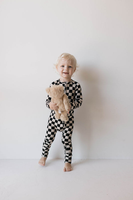Bamboo Zip Pajamas | Black Checkerboard